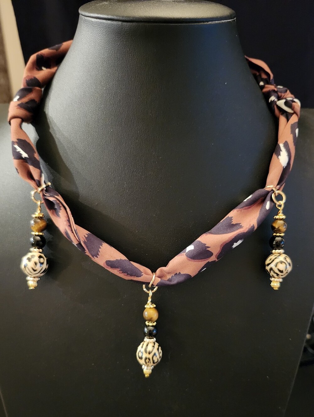 Scarf Necklace Animal Print Tigers Eye Handcrafted